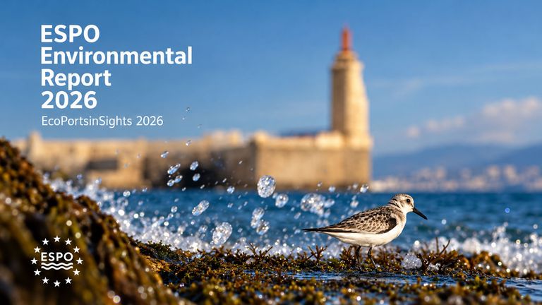 A photograph of the Port of Tarifa features on the cover of the 2026 environmental report of European ports