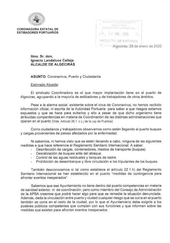 Coordinadora pide a las administraciones que dispongan de precauciones contra el coronavirus